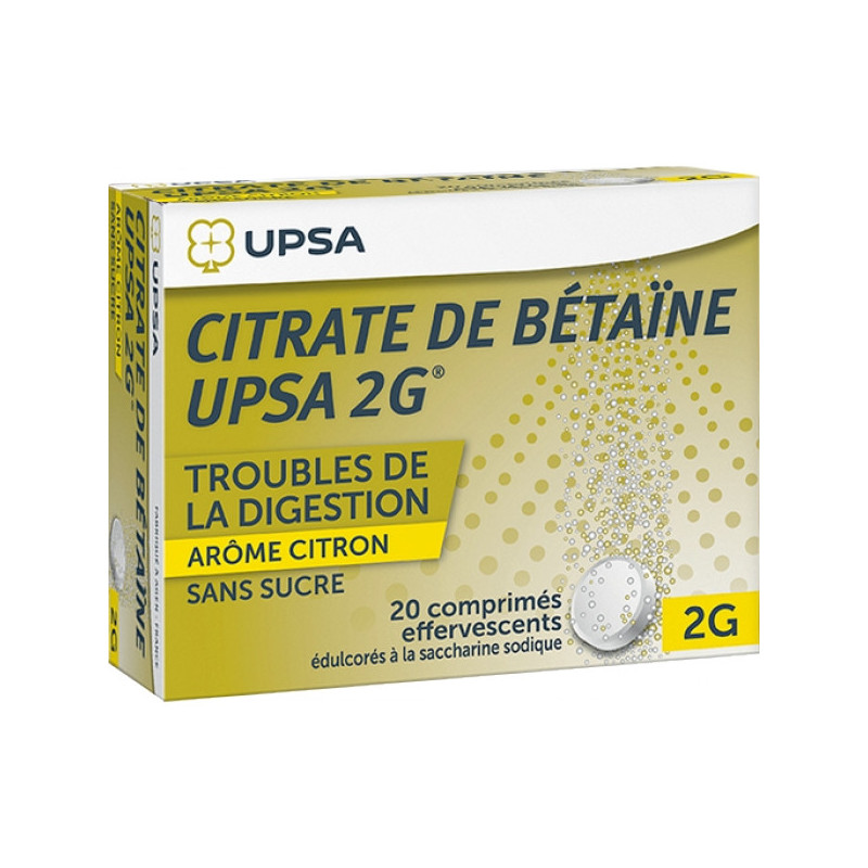 CITRATE DE BETAINE CITRON UPSA 2 g SANS SUCRE, comprimé effervescent édulcoré à la saccharine sodique - 20 comprimés