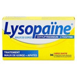 LYSOPAÏNE MAUX DE GORGE CETYLPYRIDINIUM LYSOZYME SANS SUCRE, comprimé à sucer édulcoré au sorbitol et à la saccharine - 2 x 18 c