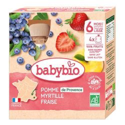 Babybio - Fruits Pomme de Provence Myrtille Fraise - Pack de 4 gourdes de 90g