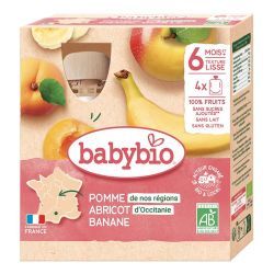 Babybio - Fruits Pomme et Abricot d'Occitanie Banane - Pack de 4 gourdes de 90g