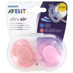 Avent Ultra Air Sucettes Orthodontiques Silicone Couleur : Rose et Mauve 0-6 Mois - 2 unités