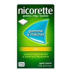 NICORETTE FRUITS 2 mg SANS SUCRE, gomme à mâcher médicamenteuse édulcorée au xylitol et à l'acésulfame potassique- 105 gommes