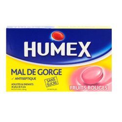 HUMEX MAL DE GORGE FRUITS ROUGES 20 mg SANS SUCRE, pastille édulcorée à l'isomalt et à l'acésulfame potassique - 24 pastilles