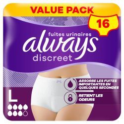 Culottes pour fuites urinaires Discreet Plus - Taille L - 16 culottes