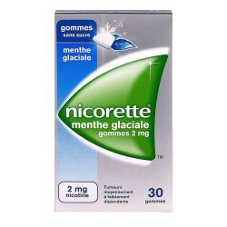 NICORETTE MENTHE GLACIALE 2mg SANS SUCRE, gomme à mâcher médicamenteuse édulcorée au xylitol et à l'acésulfame potassique - 30 g