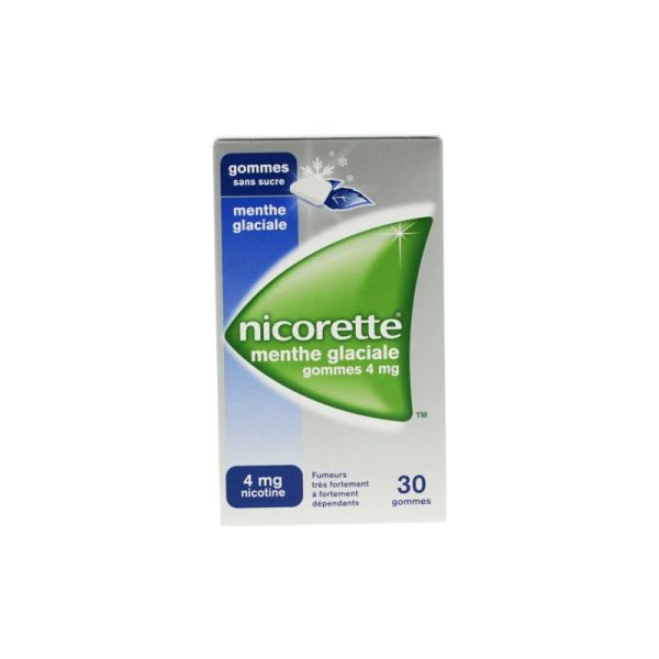 NICORETTE MENTHE GLACIALE 4mg SANS SUCRE, gomme à mâcher médicamenteuse édulcorée au xylitol et à l'acésulfame potassique - 30 g