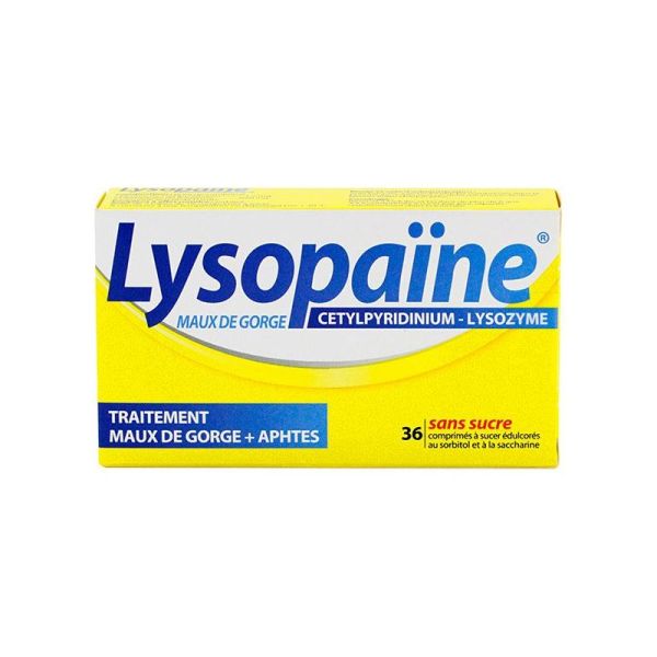 LYSOPAÏNE MAUX DE GORGE CETYLPYRIDINIUM LYSOZYME SANS SUCRE, comprimé à sucer édulcoré au sorbitol et à la saccharine - 2 x 18 c