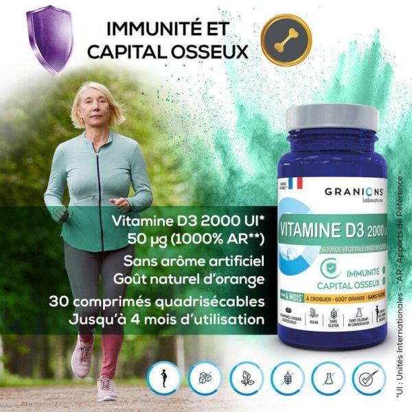 Vitamine D3 2000 UI - 30 comprimés à croquer