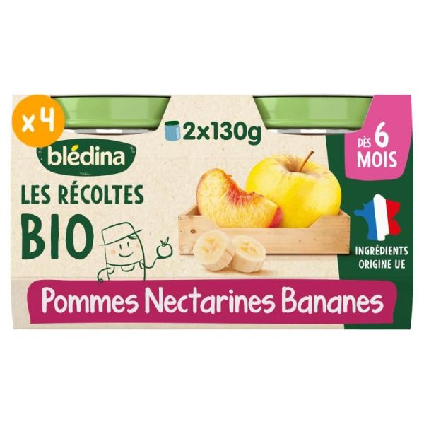 Les Récoltes Bio - Petits pots Pommes Nectarines Bananes - Lot de 4
