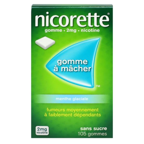 NICORETTE MENTHE GLACIALE 2mg SANS SUCRE, gomme à mâcher médicamenteuse édulcorée au xylitol et à l'acésulfame potassique - 105 