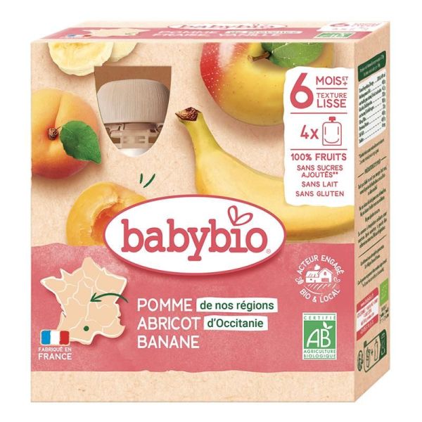 Babybio - Fruits Pomme et Abricot d'Occitanie Banane - Pack de 4 gourdes de 90g