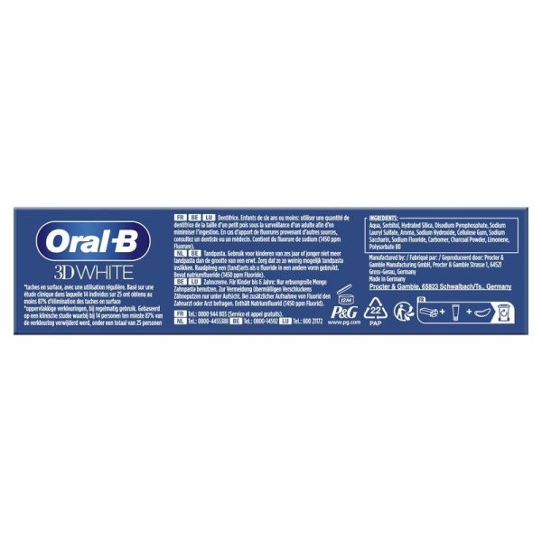 Dentifrice 3D White Fraîcheur Menthe Poivrée Charbon - 75 ml