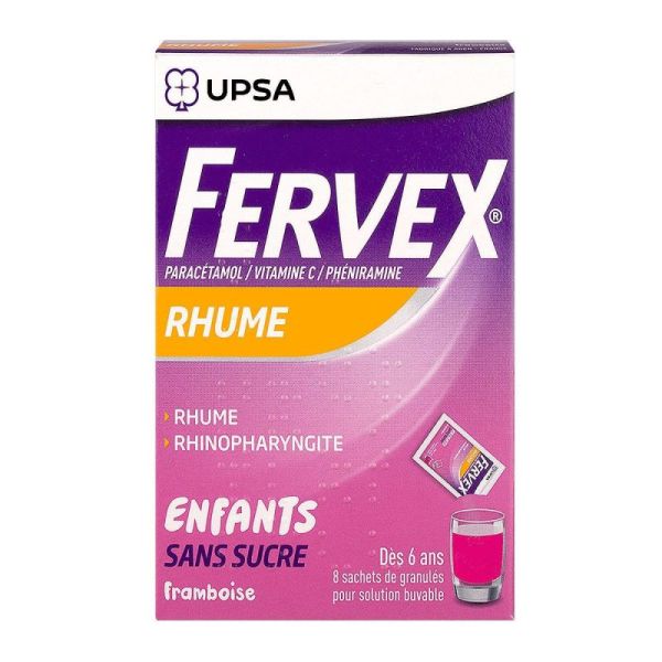 FERVEX RHUME PARACETAMOL/VITAMINE C/PHENIRAMINE ENFANTS SANS SUCRE, granulés pour solution buvable en sachet