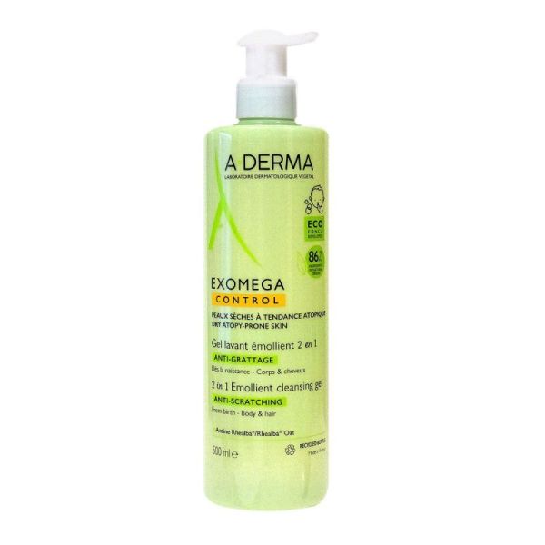 Aderma Exomega Control Gel Lavant Émollient 2-en-1 Corps et Cheveux Bébé - lot de 2x200ml