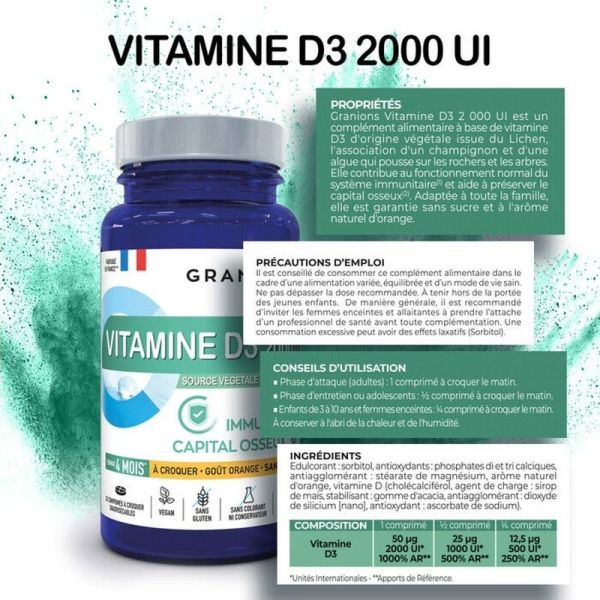 Vitamine D3 2000 UI - 30 comprimés à croquer