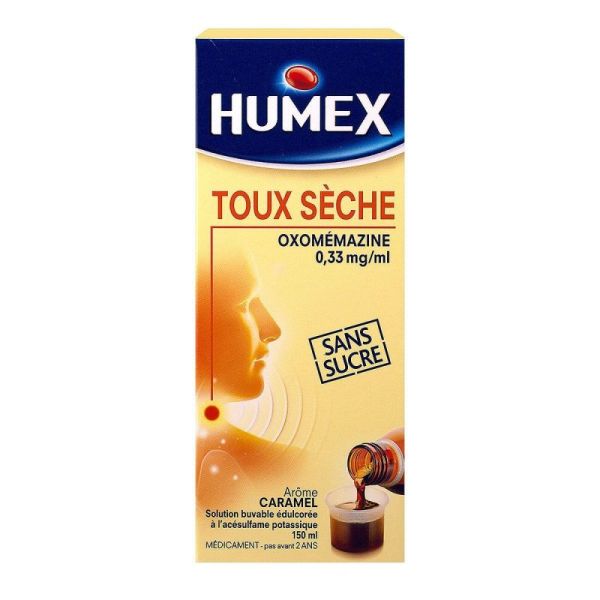 HUMEX TOUX SECHE OXOMEMAZINE 0,33 mg/ml SANS SUCRE, solution buvable édulcorée à l'acésulfame potassique  Oxomémazine - 150ml