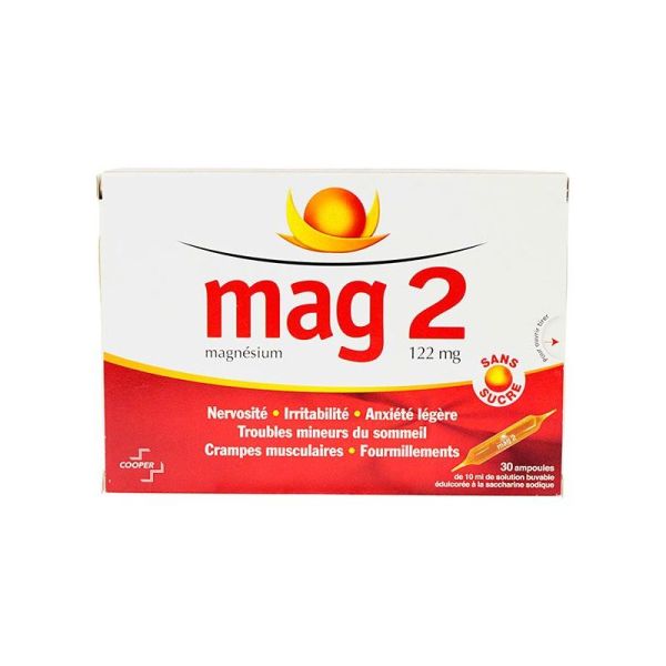 MAG 2 SANS SUCRE 122 mg, solution buvable en ampoule édulcorée à la saccharine sodique - 30 ampoules