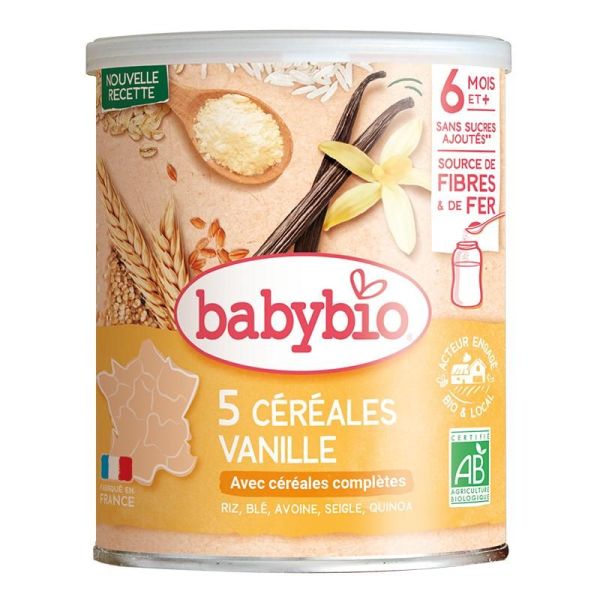 Babybio - Céréales Infantiles 5 Céréales Vanille Riz, Blé, Avoine, Seigle, Quinoa - 220g