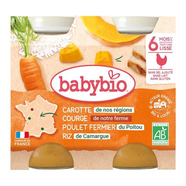 Menus Carotte de nos régions Courge de notre Ferme Poulet fermier du Poitou Riz de Camargue - Petits pots 2x200g