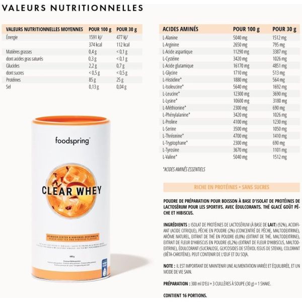 Clear Poudre Whey Thé Glacé Pêche-Hibiscus - 480g