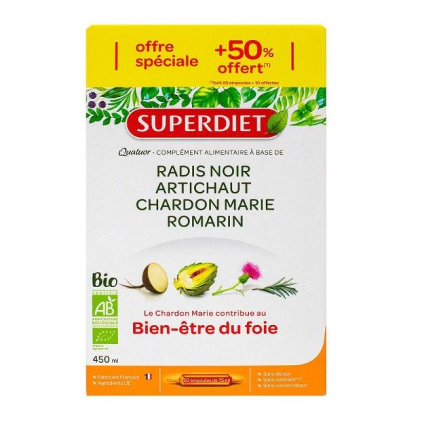 SuperDiet Quatuor Bien Etre du Foie Bio - 30 ampoules de 15ml