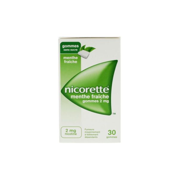 NICORETTE MENTHE FRAICHE 2 mg SANS SUCRE, gomme à mâcher médicamenteuse édulcorée au xylitol et à l'acésulfame potassique - 30 g