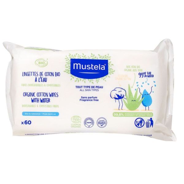 Mustela Lingettes de Coton Bio à l'Eau - 60 Lingettes