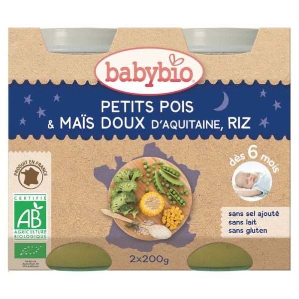 Petit pot Bonne Nuit - Petits Pois & Maïs Doux d'Aquitaine, Riz, 2x200gr