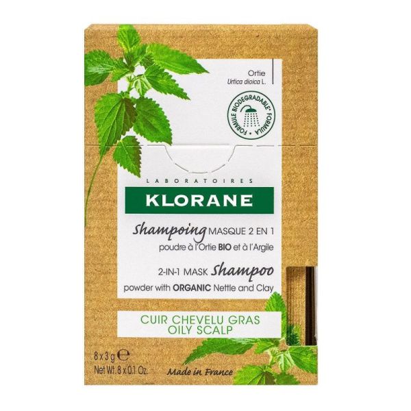 Klorane Shampoing Masque 2en1 Poudre à l'Ortie Bio et à l'Argile - 8 Sachets