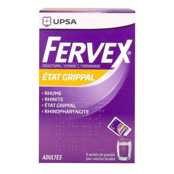 FERVEX ETAT GRIPPAL PARACETAMOL/VITAMINE C/PHENIRAMINE ADULTES, granulés pour solution buvable en sachet  Encadré - 8 sachets