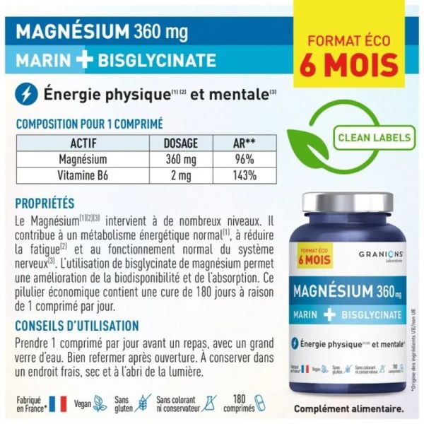 Magnésium Marin + Bisglycinate Format éco 6 mois - 180 comprimés