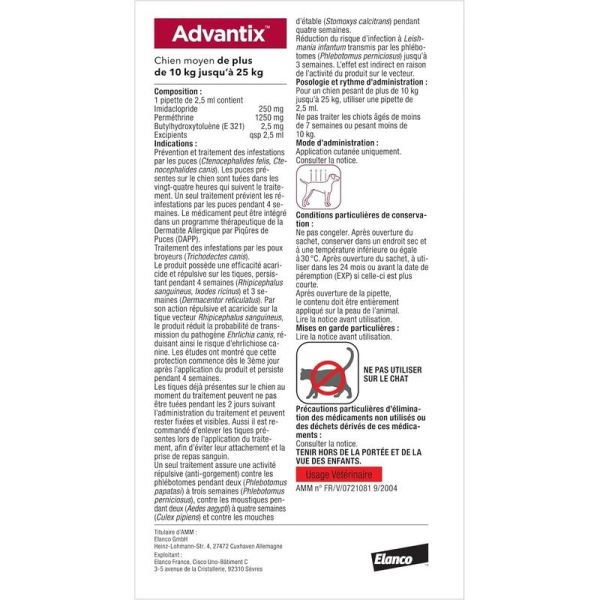 Advantix Chien Moyen entre 10 et 25 kg – 4 x 2,5 ml