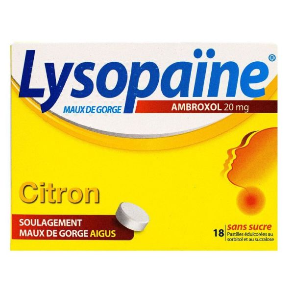 LYSOPAÏNE MAUX DE GORGE AMBROXOL CITRON 20 mg SANS SUCRE, pastille édulcorée au sorbitol et au sucralose  - 18 pastilles