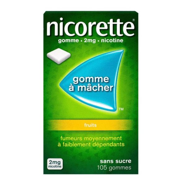 NICORETTE FRUITS 2 mg SANS SUCRE, gomme à mâcher médicamenteuse édulcorée au xylitol et à l'acésulfame potassique- 105 gommes