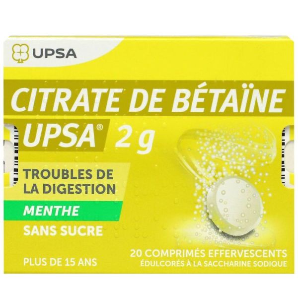 CITRATE DE BETAINE UPSA 2 g MENTHE SANS SUCRE, comprimé effervescent édulcoré à la saccharine sodique - 20 comprimés