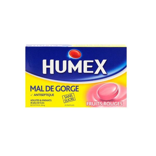 HUMEX MAL DE GORGE FRUITS ROUGES 20 mg SANS SUCRE, pastille édulcorée à l'isomalt et à l'acésulfame potassique - 24 pastilles