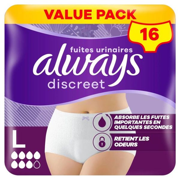 Culottes pour fuites urinaires Discreet Plus - Taille L - 16 culottes