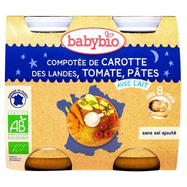 Babybio - Menus Du Soir Tomate de Nouvelle-Aquitaine Carotte de nos régions Pâtes - Petits pots 2x200g