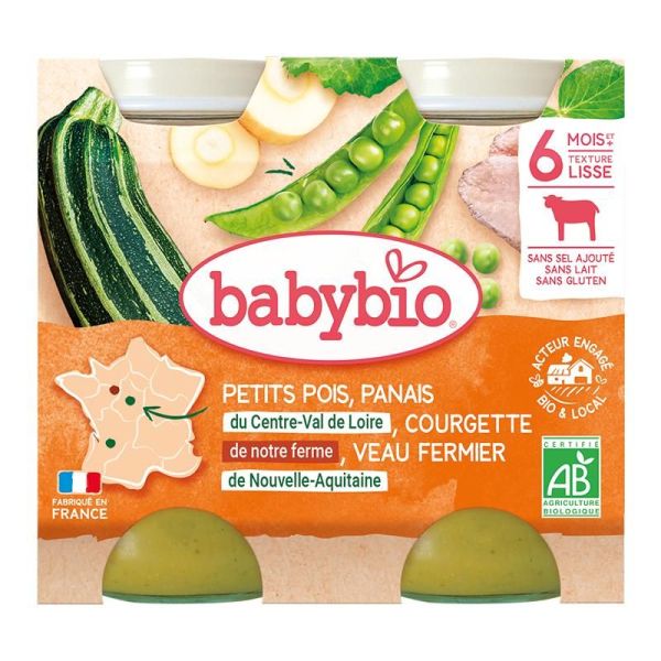 Babybio - Menus Petits pois Panais Veau Courgette - 2x200g