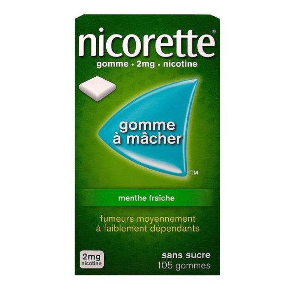 NICORETTE MENTHE FRAICHE 2 mg SANS SUCRE, gomme à mâcher médicamenteuse édulcorée au xylitol et à l'acésulfame potassique- 105 g