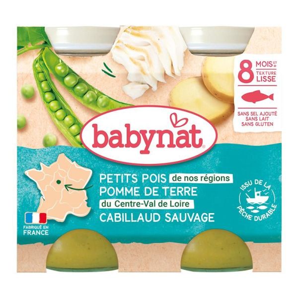 Babynat Petits pois de nos régions Pomme de terre du Centre-Val de Loire Cabillaud Sauvage - 2x200g