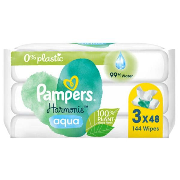 PAMPERS Lingettes Bébé Harmonie Aqua Sans Alcool - 3x48 unités