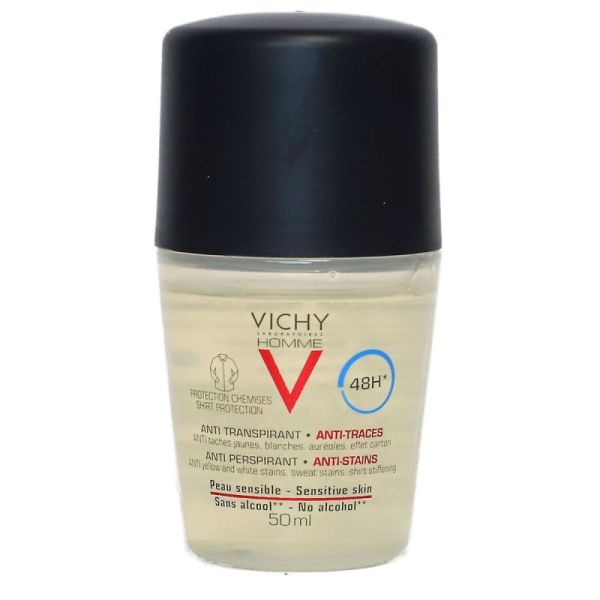 VICHY HOMME DÉODORANT ANTI-TRANSPIRANT 48H - ANTI-TRACES - ROLL-ON - 50 ML