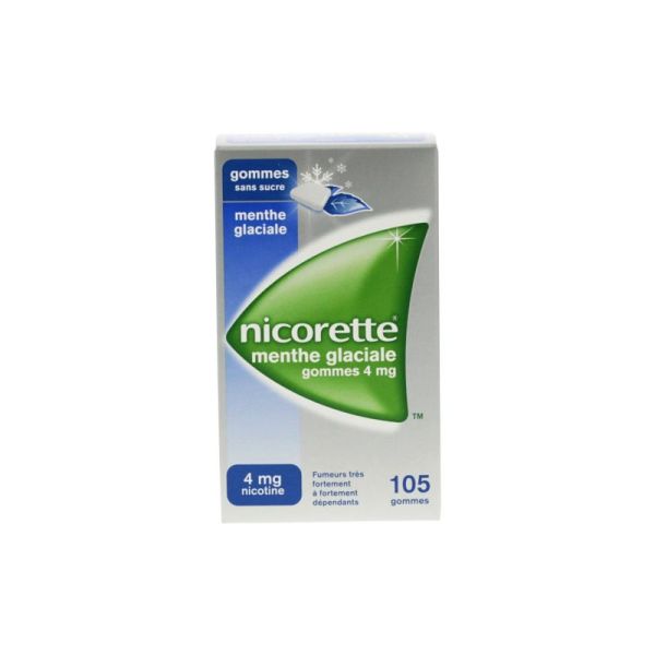 NICORETTE MENTHE GLACIALE 4mg SANS SUCRE, gomme à mâcher médicamenteuse édulcorée au xylitol et à l'acésulfame potassique - 105 