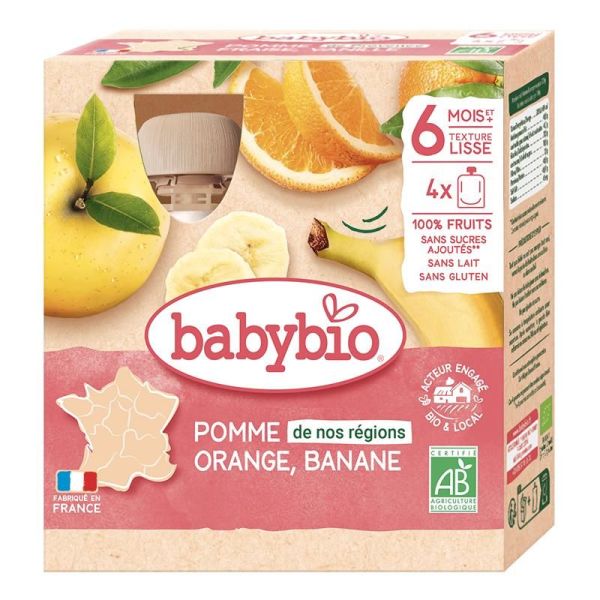 Babybio - Fruits Pomme de nos régions Orange Banane - Pack de 4 gourdes de 90g