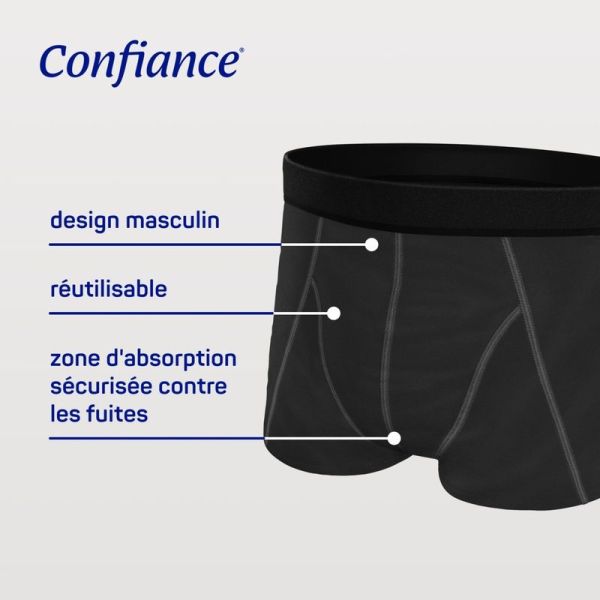 Boxer absorbant lavable noir Confiance Men - Taille L