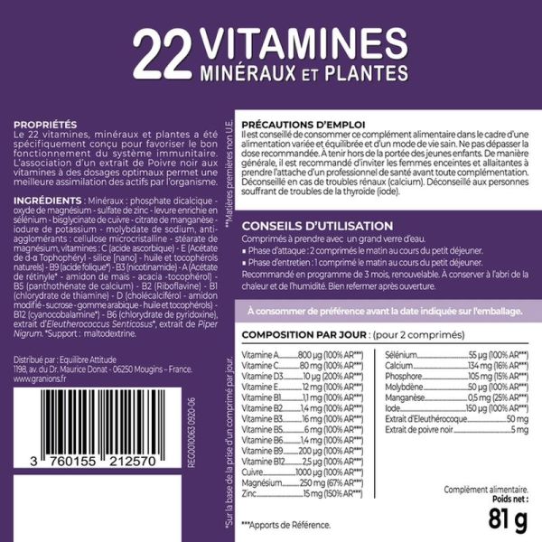 22 Vitamines Minéraux et Plantes - 90 comprimés