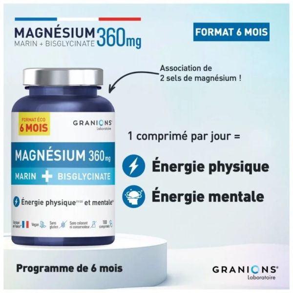 Magnésium Marin + Bisglycinate Format éco 6 mois - 180 comprimés