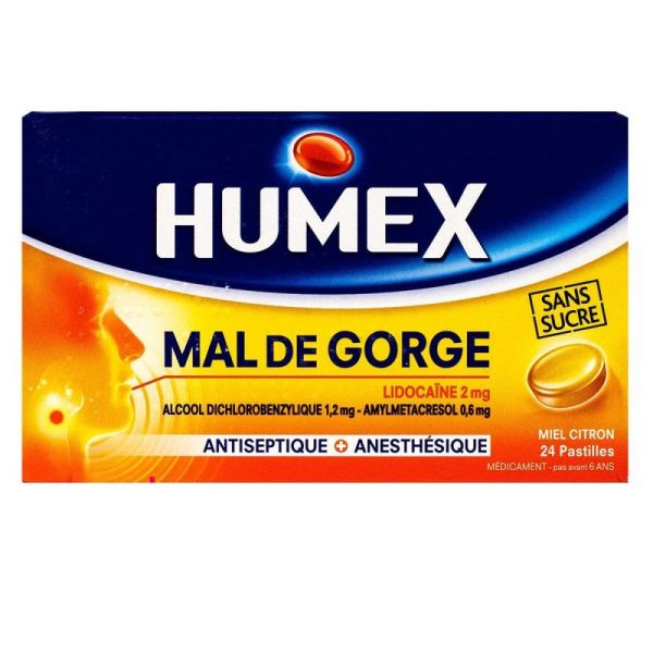 Humex Mal de Gorge miel citron sans sucre - 24 pastilles