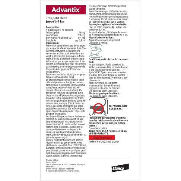 Advantix Très Petit Chien entre 1,5 et 4 kg - 4 x 0,4 ml